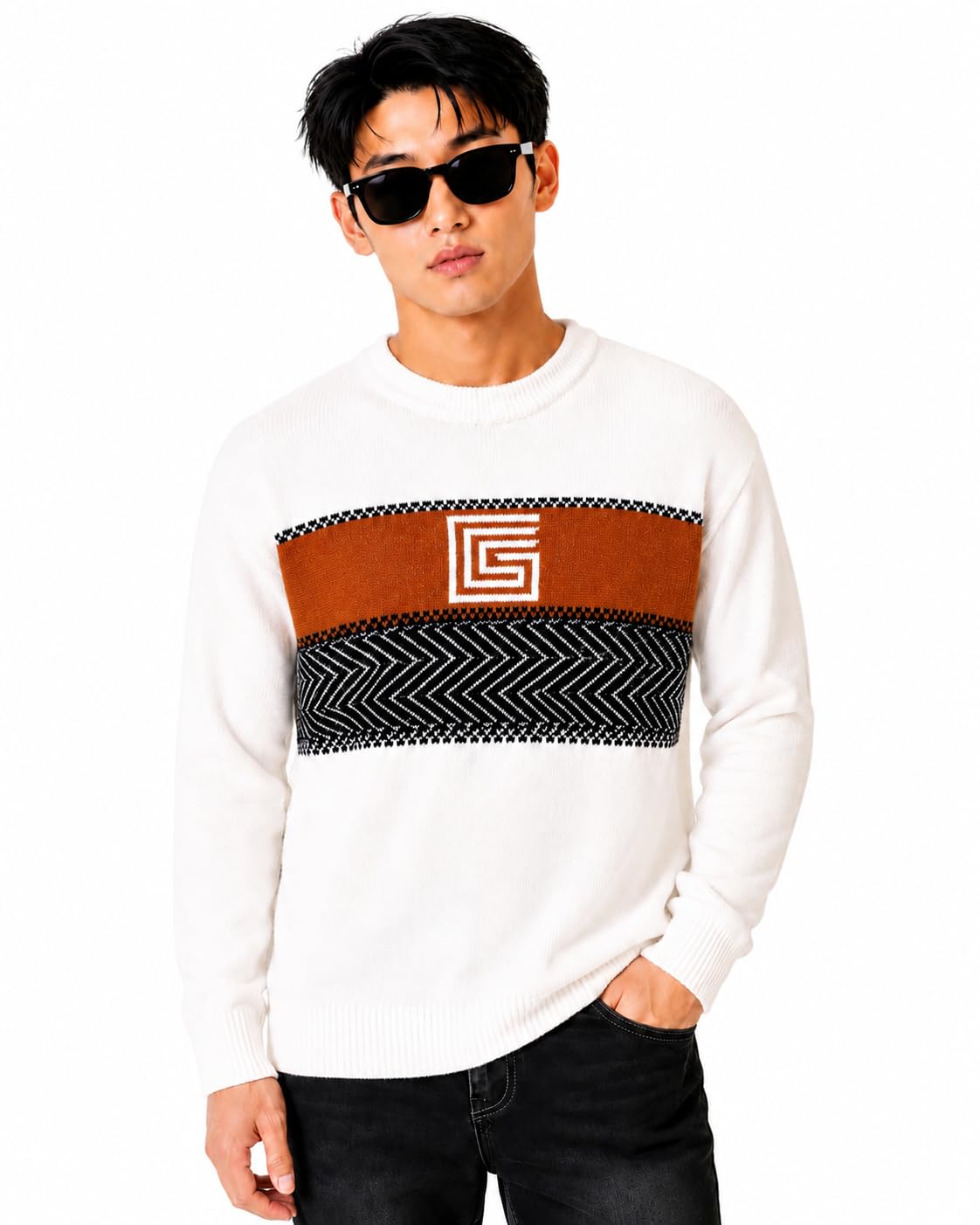 Men's Self Design Round Neck Full Sleeve Soft Knit Winter Pullover | Regular Fit Casual Geometric Pattern Sweater for Men-Mustard-L-picture-13
