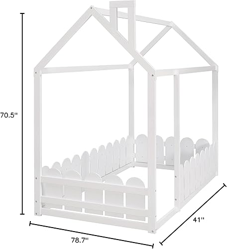 Miniatura 9 de Casa de cama de madera de tamaño matrimonial marco de cama para niños con techo y valla cama de plataforma de piso de madera para niños adolescentes