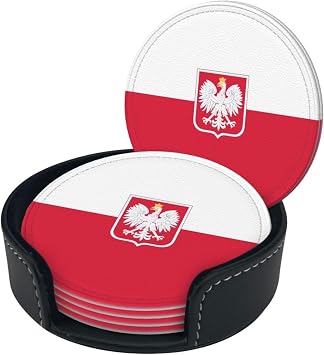 6 Pcs Poland Flag Coasters for Drinks with Holder, Coasters Set for Home Kitchen Office Bar Coffee Table Decor