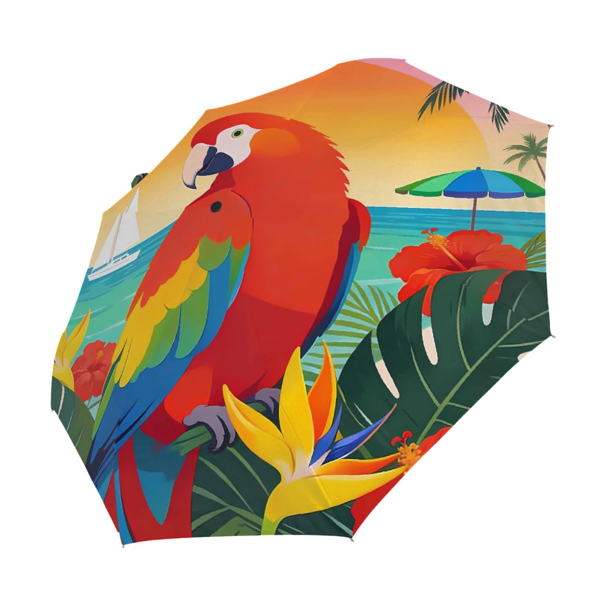 Vinatge Ombrello da viaggio pieghevole con foglie tropicali, compatto, antivento, impermeabile, con protezione UV, rivestimento nero, leggero, 8 costole, portatile, per pioggia e sole