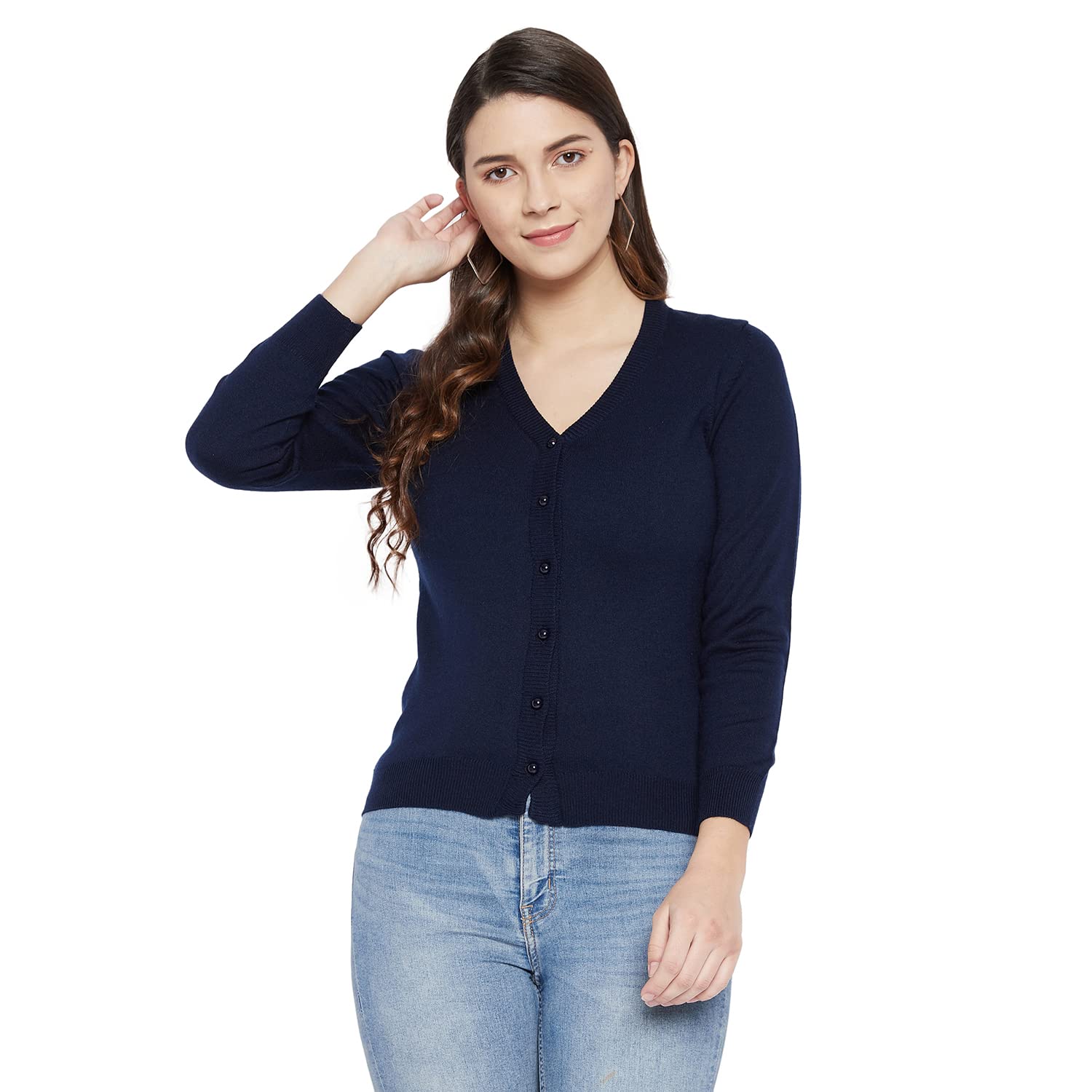 ZigoNavy Blue V Neck Full Sleeves Solid Cardigan has Botton Closer and Streight hem-C3100-NavyBlue_M