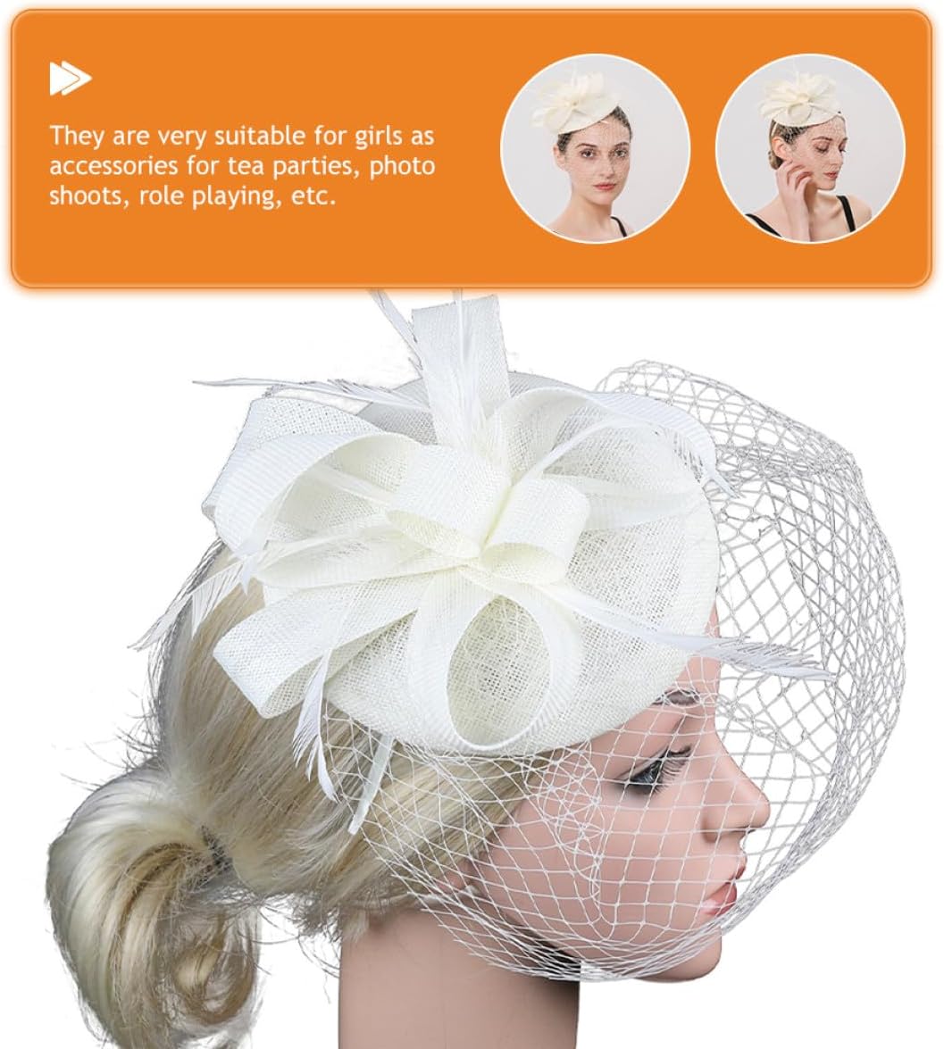 Holibanna Mesh Veil Headband with Plumage Flowers, Tea Party Style Hat for Women, Banquet Headdress Hair Clip in Light Cream, Special Occasion Accessory