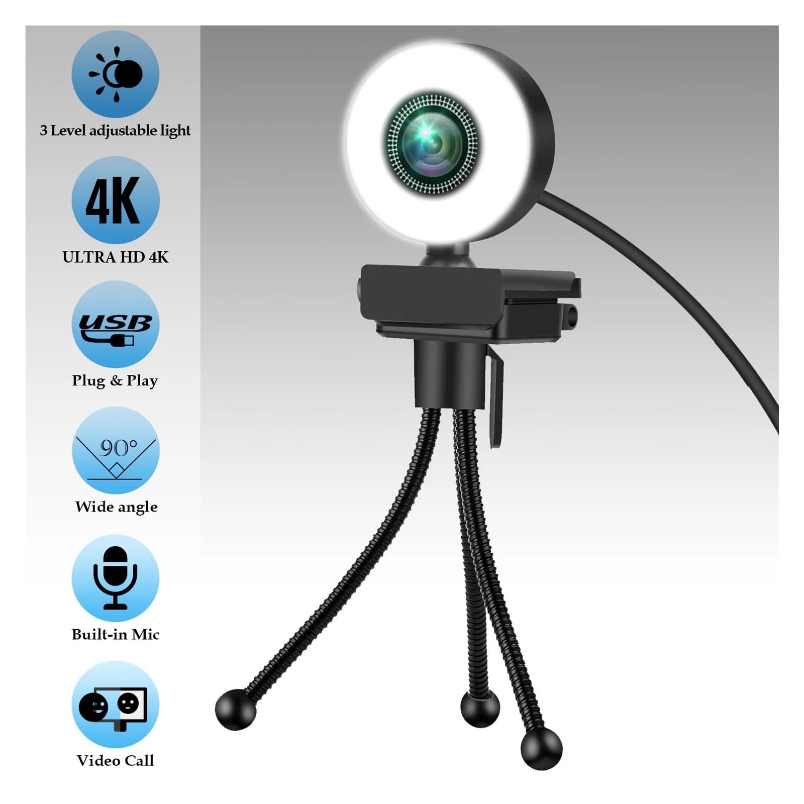 4K Webcam 2K Full HD Web Camera With Microphone LED Fill Light USB Cam Rotatable For PC Computer Laptop for Youtube