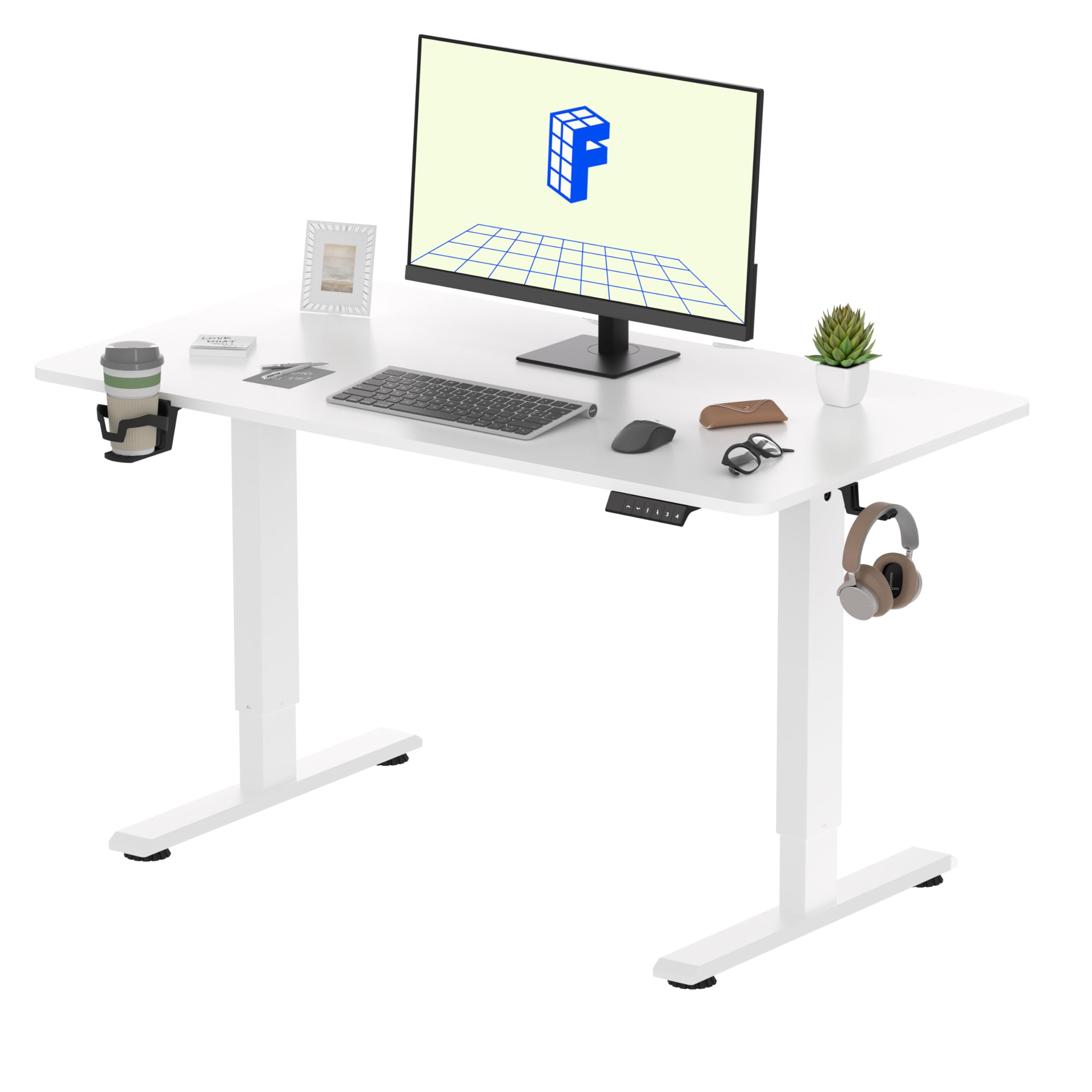 FLEXISPOT ONE PIECE Electric Standing Desk, Height Adjustable Ergonomic Stand up with Backpack Hook, Cup Holder and 4 Memory Preset, 110x54cm White — image 1