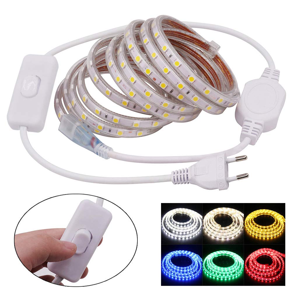 XUNATA 100m Strisce LED 220V con Interruttore e Alimentatore, 5050 60LED/m, IP65 Impermeabile, Flessibile Striscia a LED per Scaletta Tetto Cavi da Cucina Decorazione- Bianco