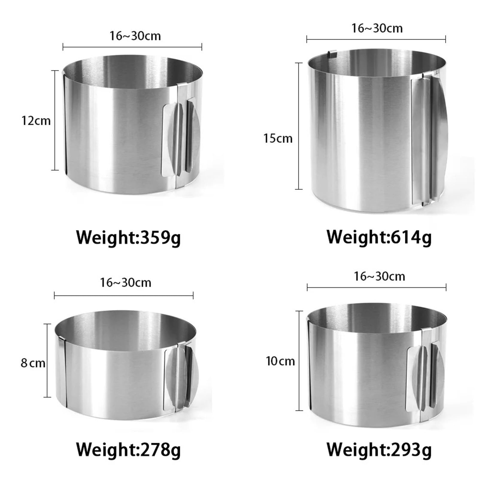Verstellbare Tortenringform, Einstellbar for Backen 430 Edelstahl 6-30cm mit Skala Kuchenbackformen for Backen von Kuchen, Brot(Height 12cm)