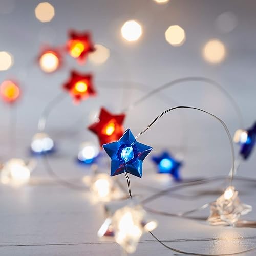 Lights4fun, Inc. 20 tiras de luces de alambre color rojo, blanco y azul con pilas micro LED para interiores