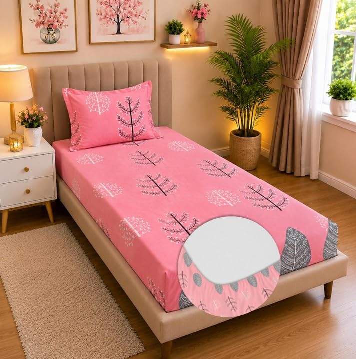 Image of la' amour Single Fitted Bedsheet with 1 Pillow Cover, Soft Breathable Elastic Bed Sheet for Single Bed, Premium Printed Bedsheet with All Around Elastic - 36 x 72 + 6 Inches, Vintage Light Pink