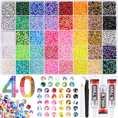 BELLEBOOST 45000Pcs 40 Colors Jelly Rhinestones Bedazzling kit 3mm Multicolor Resin Flatback Gems for Diamond Art Bedazzler Kit with 3Pcs 10ml B7000 Jewelry Glue for Crafting Book Shoes Nail Art