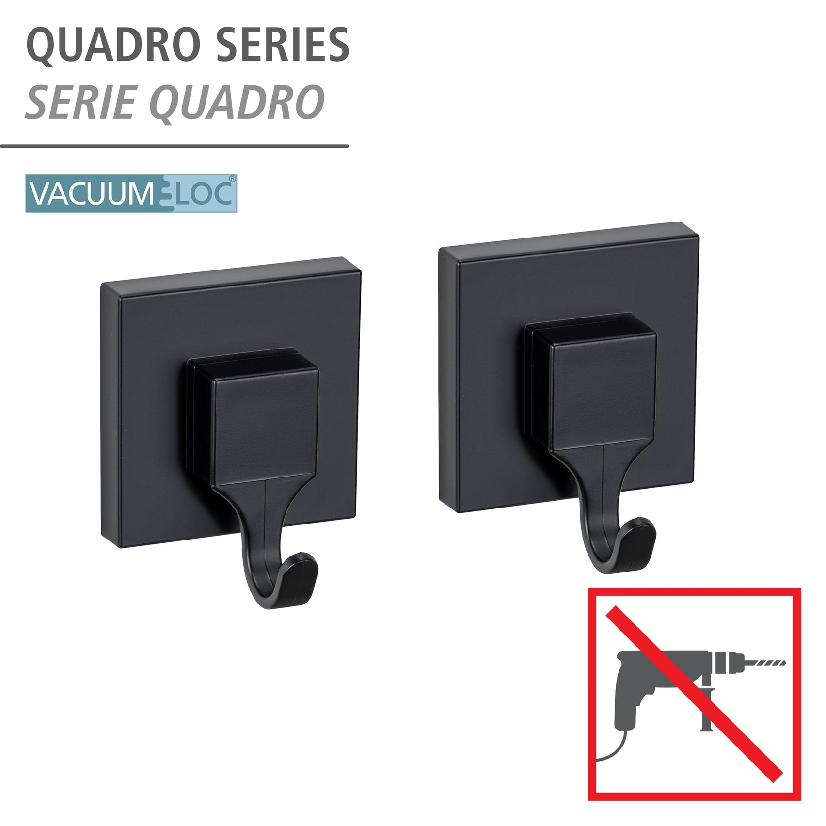 WENKO Vacuum-Loc® haczyki ścienne Quadro zestaw 2 haczyków łazienkowych z tworzywa sztucznego, mocowanie bez wiercenia, kolor czarny
