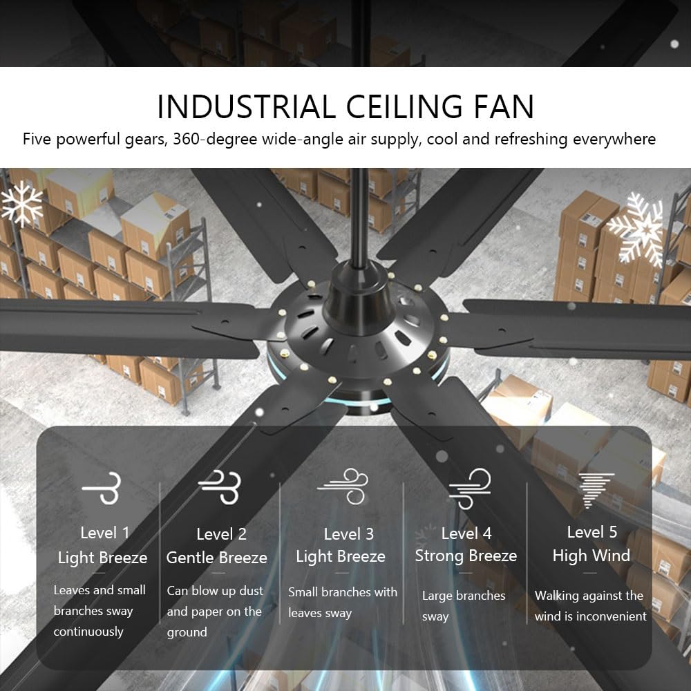 Ventilatore da Soffitto Senza Luce 200cm Ventilatore Industriale con Telecomando, 6 Pale per Camera da Letto, Soggiorno, Fattoria, Veranda(Black)