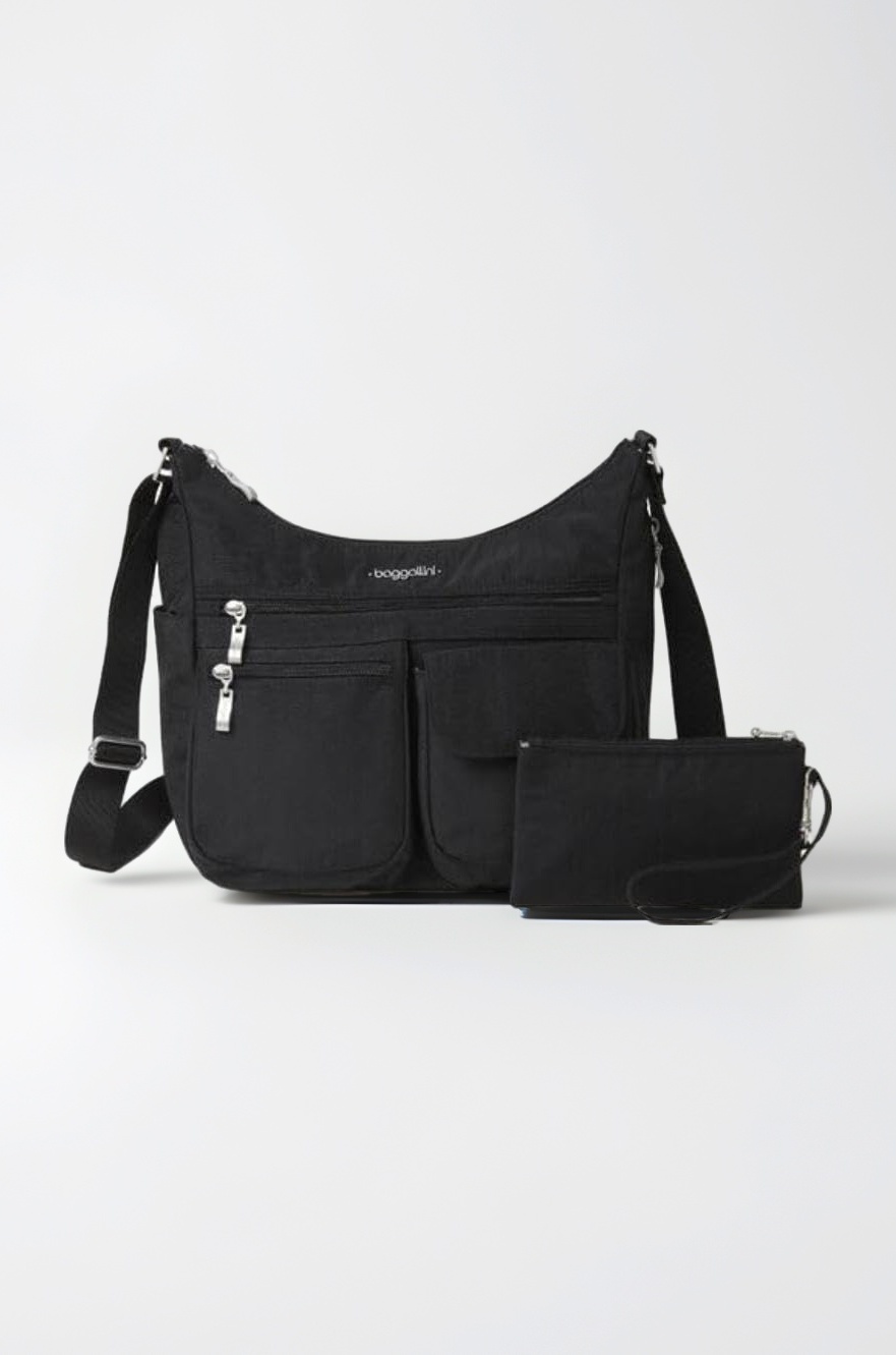 Baggallini Unisex Lightweight Multi-Pocketed, Spacious Water-Resistant Crossbody Bag with RFID Wristlet (Black)