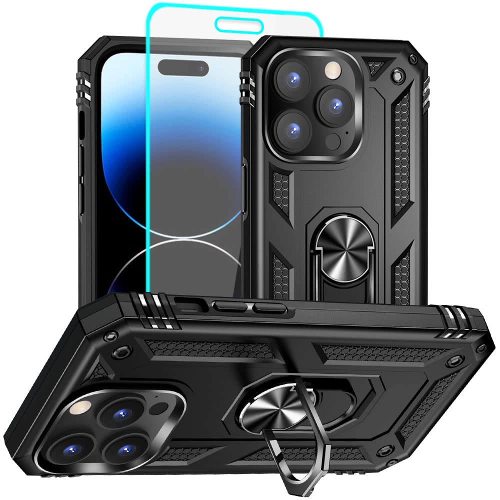 Aozuoton for iPhone 14 Pro Case with HD Screen Protector, Military Grade 16ft. Drop Tested Ring Shockproof Protective Phone Case for iPhone 14 Pro, Black