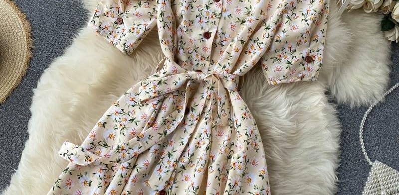 Gufrina Dresses for Women Half Sleeve || Floral Print || V-Neck and Puff Sleeves || Front Open Button & Tie-Up || Midi Dress (Beige M) 4