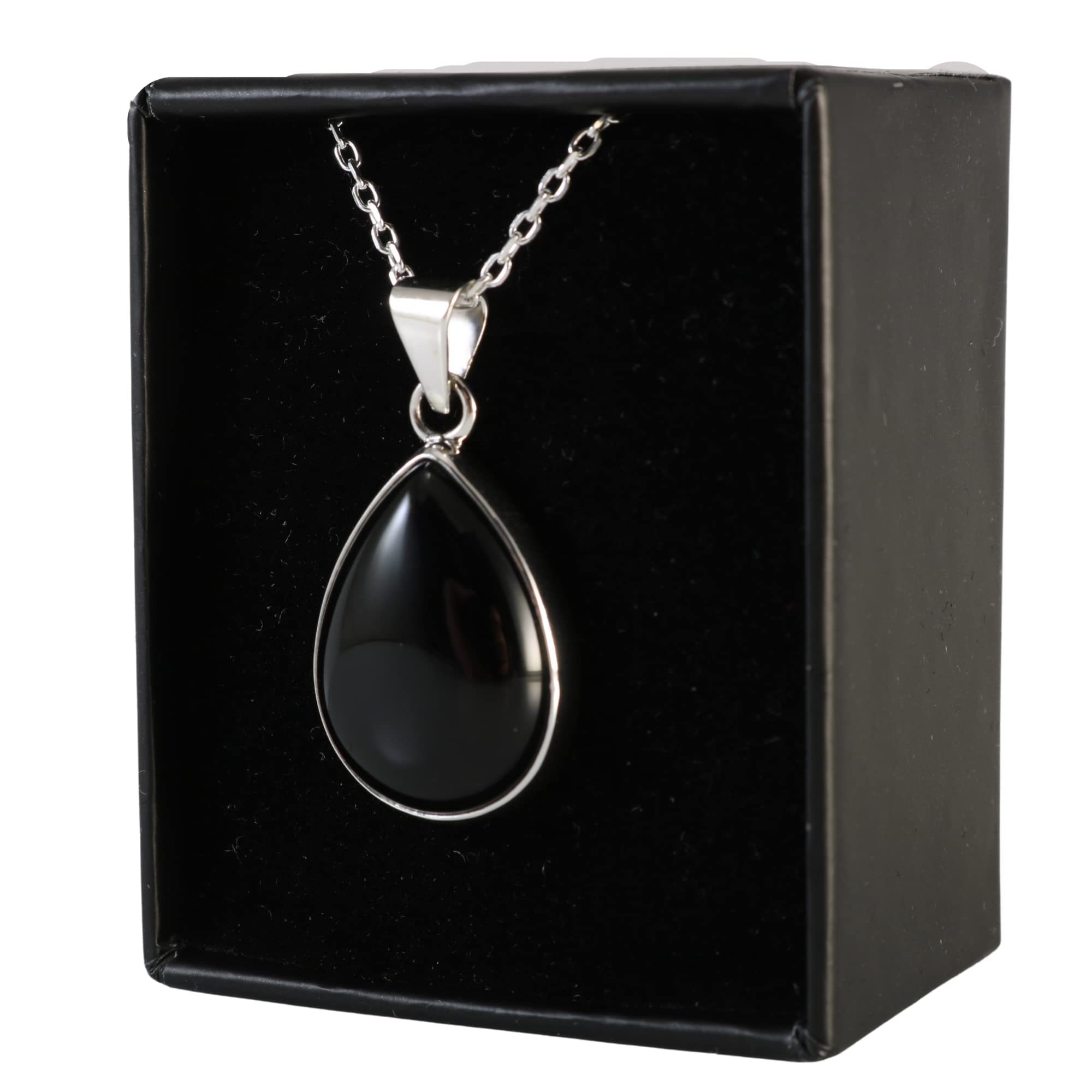 Collar Colgante Plata Esterlina 925 Hecho a Mano 5x20mm Ónix Negro en Forma de Lágrima 40+5cm Cadena