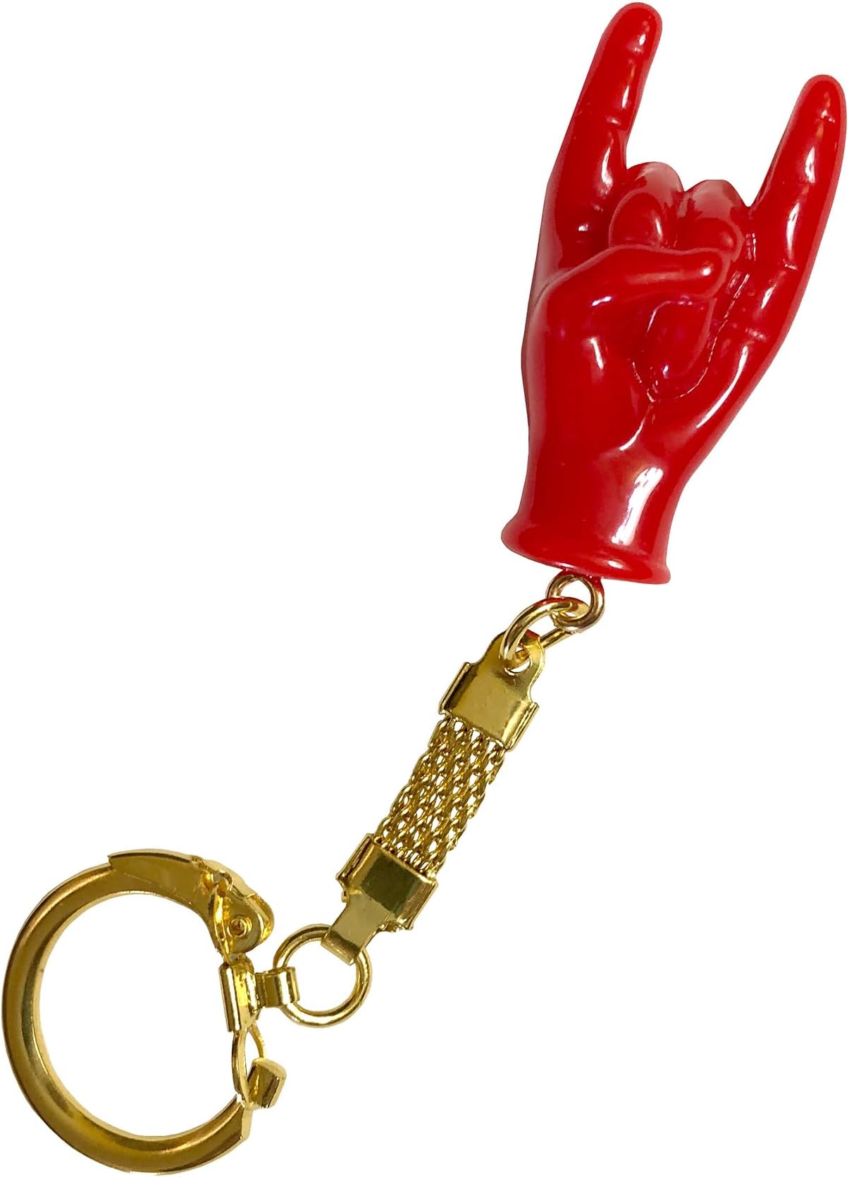 Malocchio Red Hand Charm Keychain – Italian Evil Eye Protection Rock On Gesture, Gold Ribbon Keyring