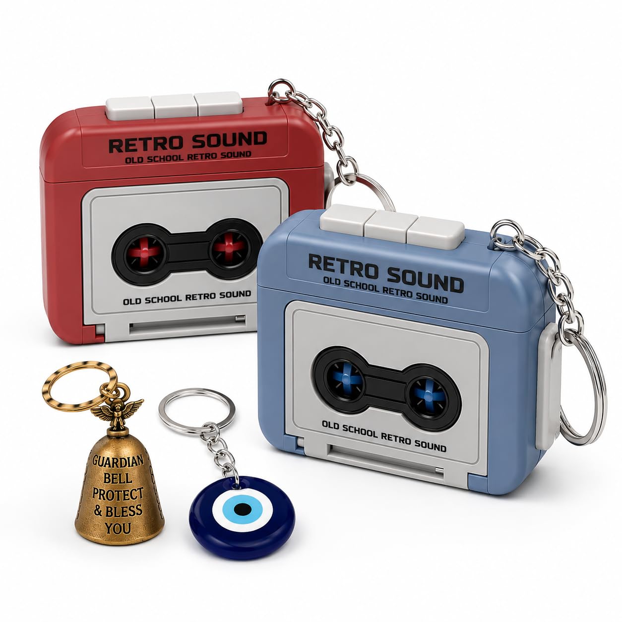 Retro Sound Cassette Style Voice Recorder Keychain with Playback | One-Click Recording | Portable Mini Audio Recorder (PACK OF 1) + Free Guardian Bell with Evil Eye Keychain-image-21