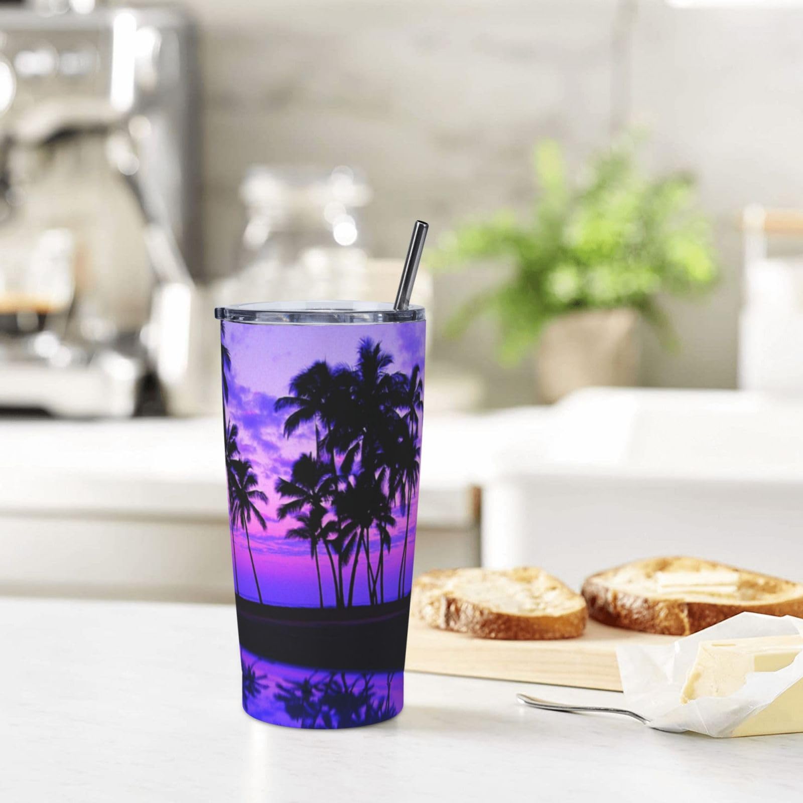 Tazza termica portatile con stampa tramonto viola con palma in acciaio inox