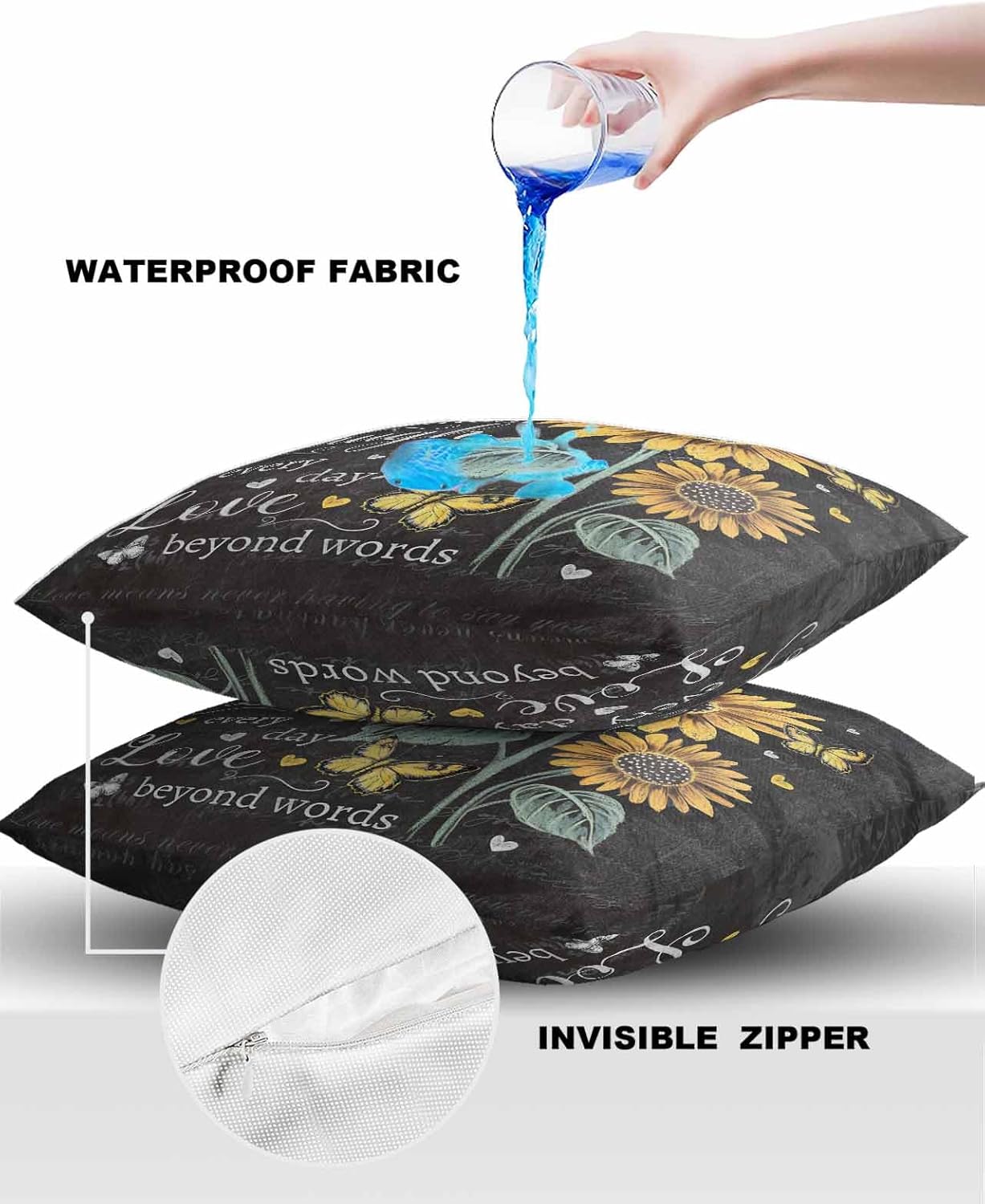Outdoor Pillow Covers Waterproof Pillow Cases Protector Pastoral Sunflowers on Vintage Blackboard Pillowcase Pack of 2 Inspiring Quotes Throw Cushion Case for Pation Furniture,Couch,,20X20IN