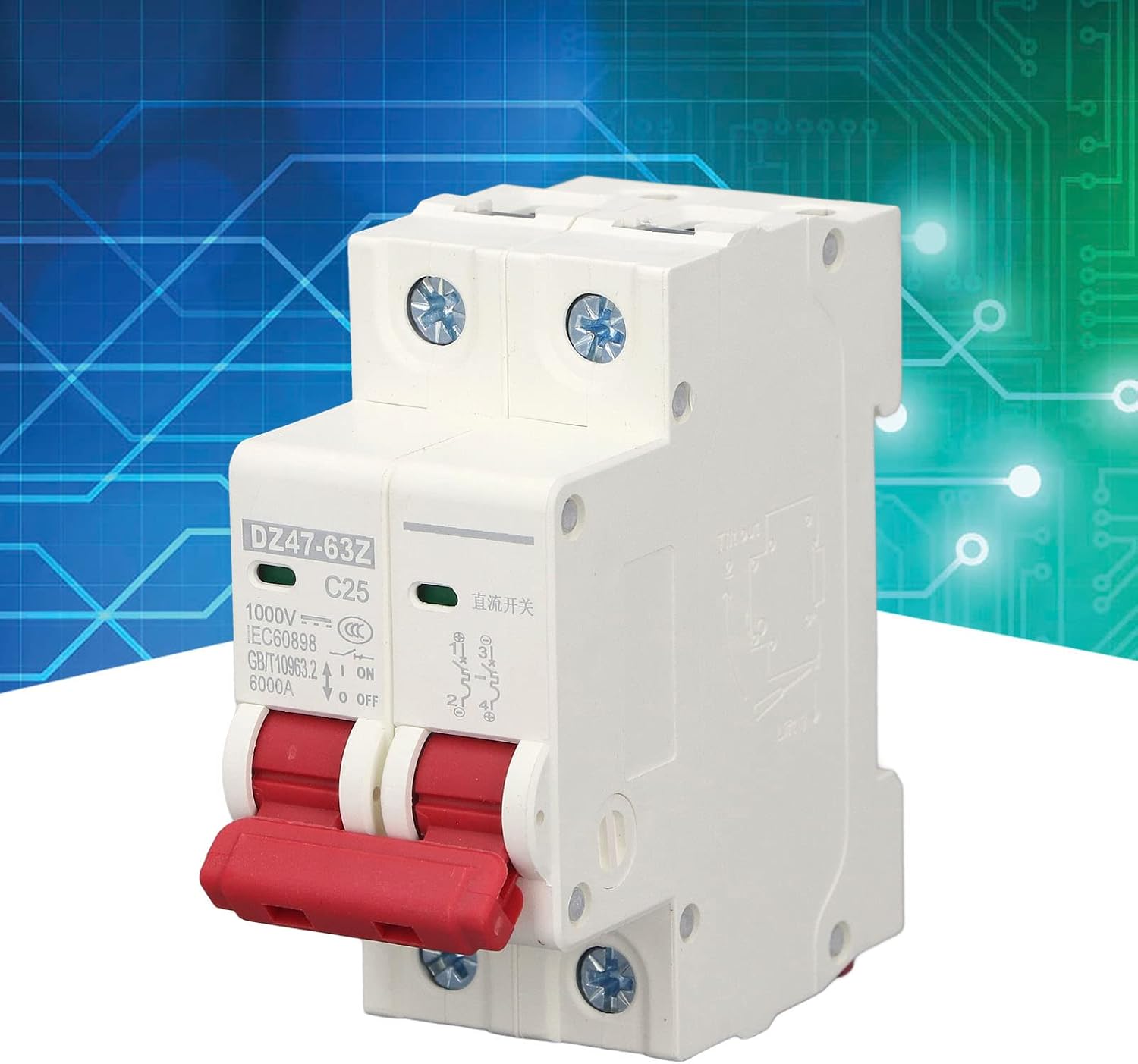 Topyond DC 1000V 25A Circuit Breaker 2P DIN Rail Mount Battery Disconnect Switch with 6000A Breaking Capacity for Enhanced Protect