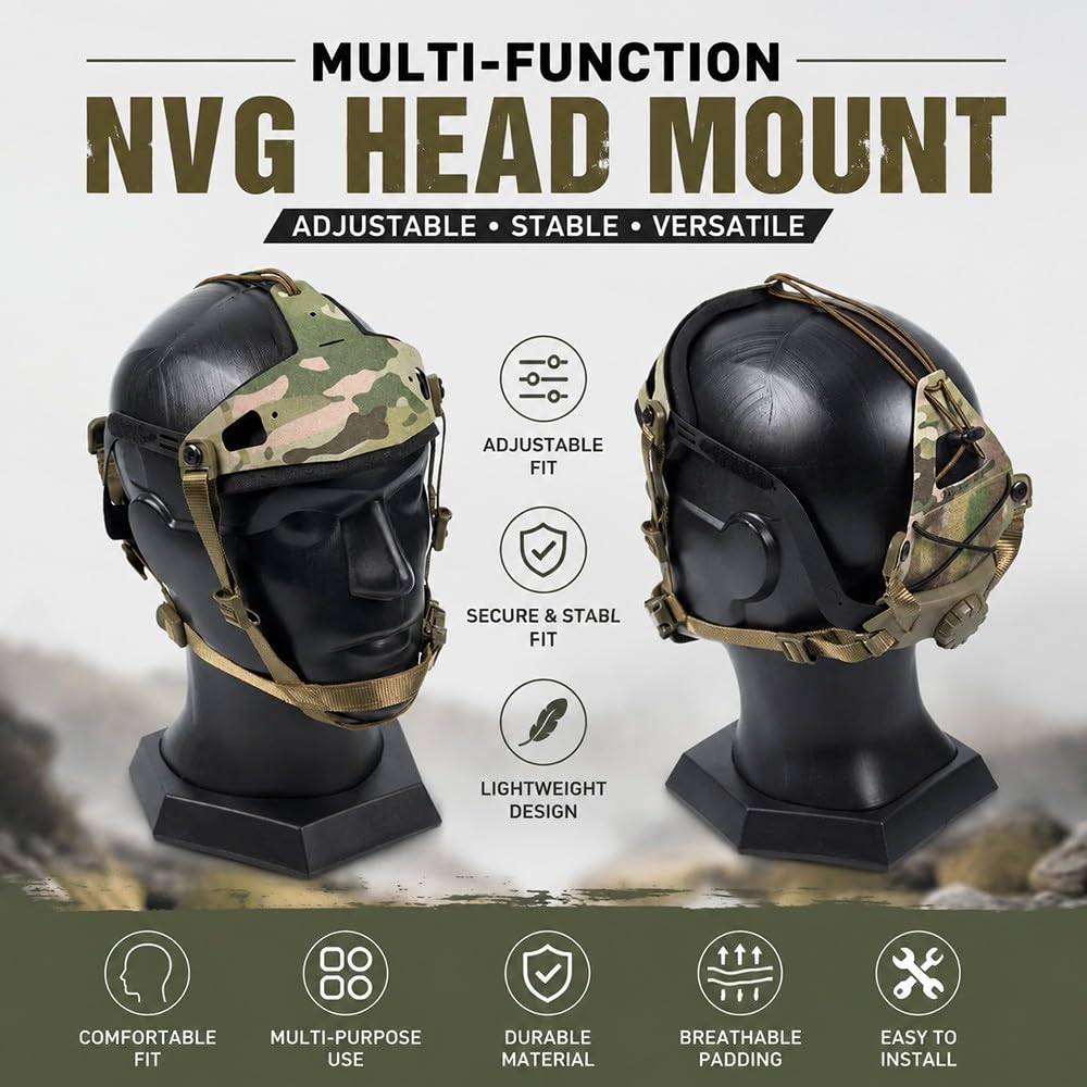 Supporto Testa NVG Multifunzionale Regolabile con Fascia Ajustabile, Supporto Leggero per Casco Fotocamera con Piattaforma Universale per Airsoft Caccia Outdoor Accessori