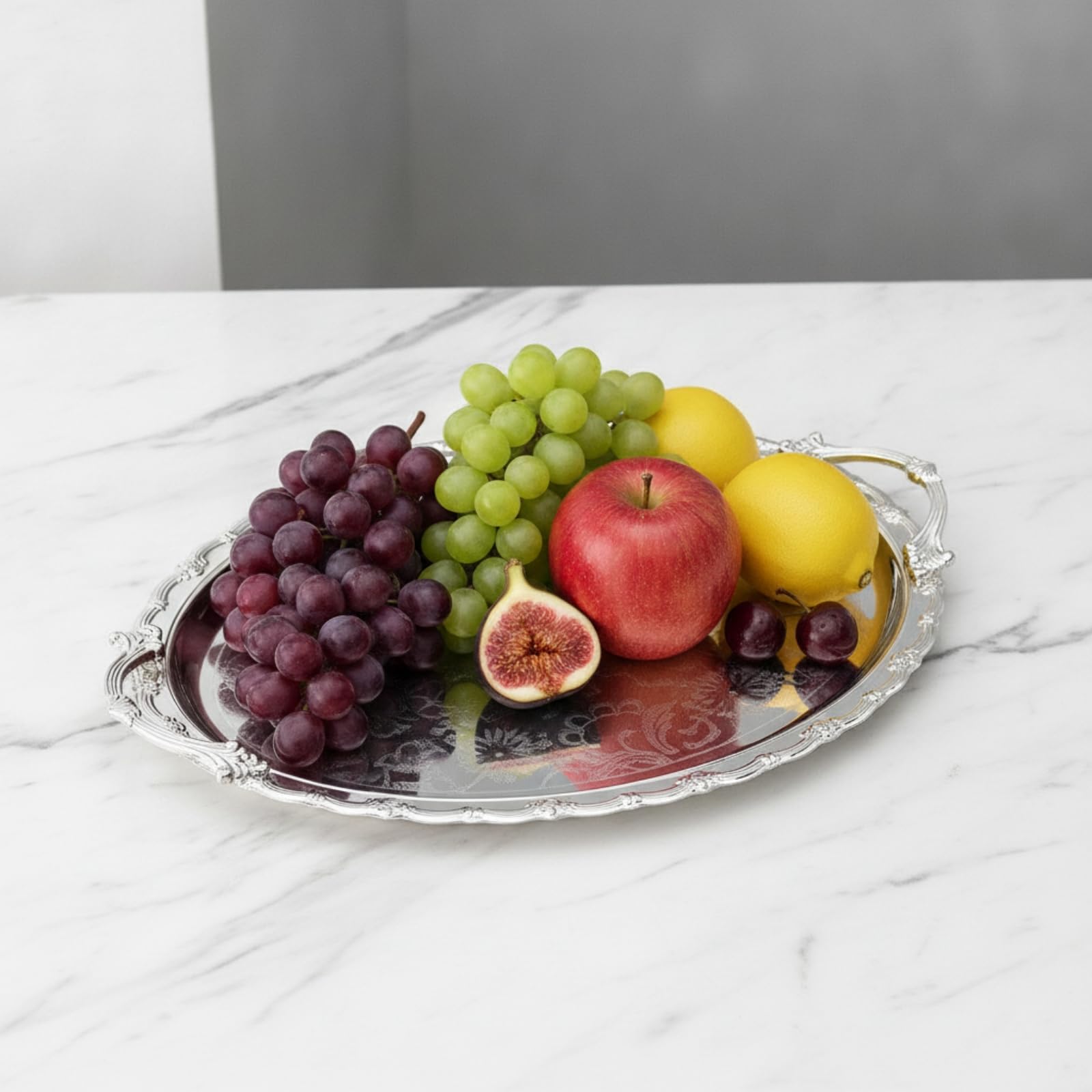 3 Pezzi Vassoio con Bordo Decorativo e Motivo Floreale in Rilievo Ornato Vassoio Ovale in Acciaio Inox Resistente per Presentazione di Dolci, Medio