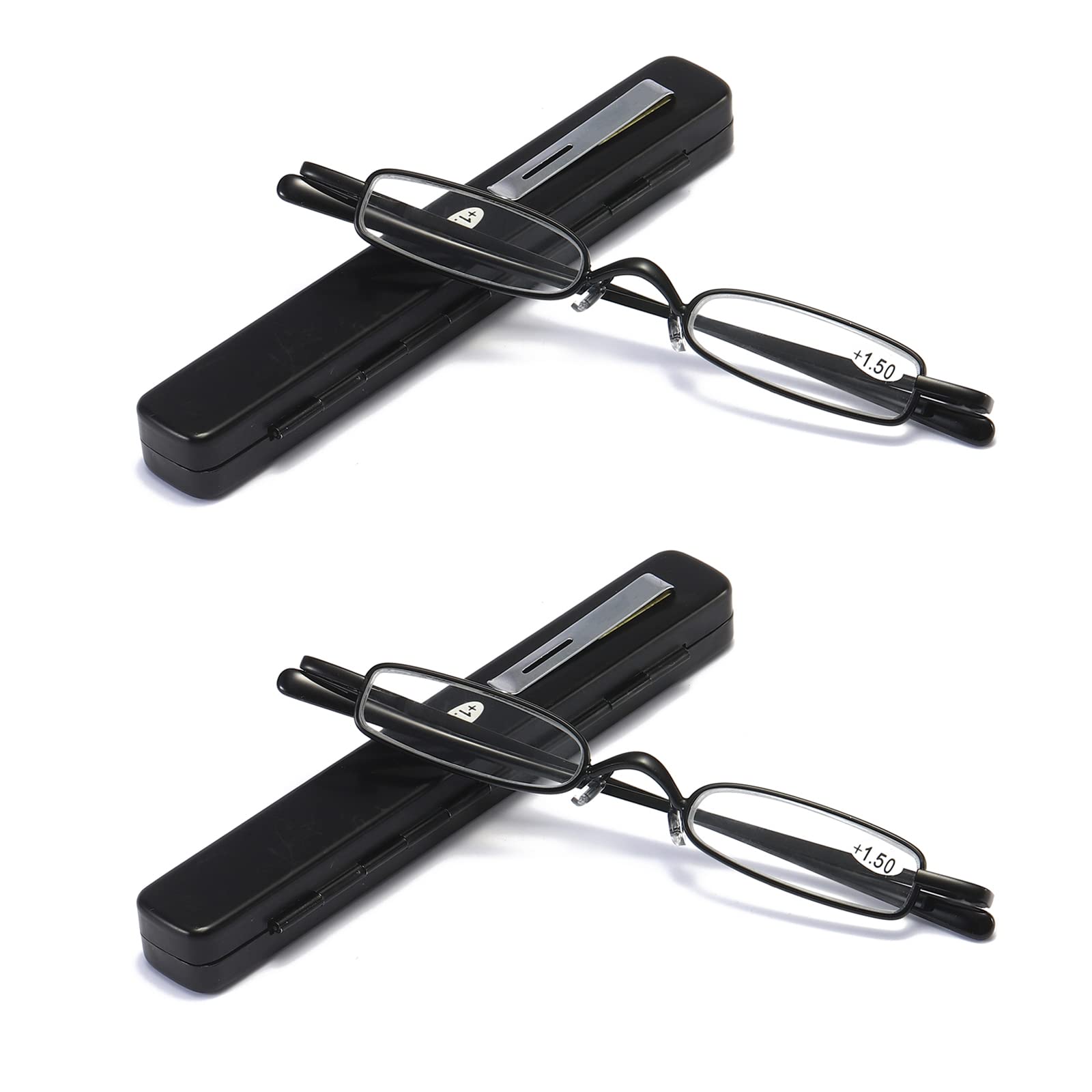 MMOWW 2er Pack Mini Metall Lesebrillen Damen Herren Federscharnier Klassische Klein Schmal Leicht Lesehilfe Sehhilfe Brillen mit Etui (Schwarz,+2,0)
