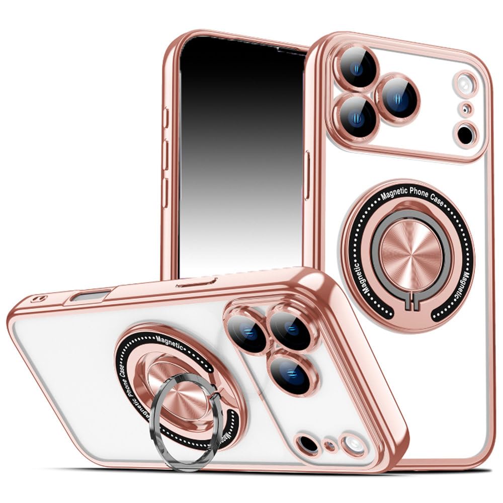 360° magnetisch drehbare Metall-Autohalterung mit Ringbeschichtung, Handyhülle für iPhone 17 16 15 14 13 12 Pro Max 17 Air 16 15 14 Plus, kabellose Ladefunktion, stoßfeste Hülle, Pink, für iPhone