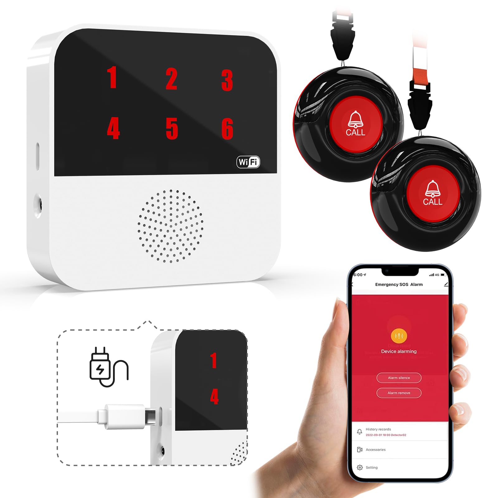 SanJieWiFi Caregiver Pager,Call Button for Elderly with App No Monthly Fee,Panic Alarm for Patients at Home Fall Alert Devices with 2 SOS Call Button 1 Smart Receiver(2.4GHz Wi-Fi)