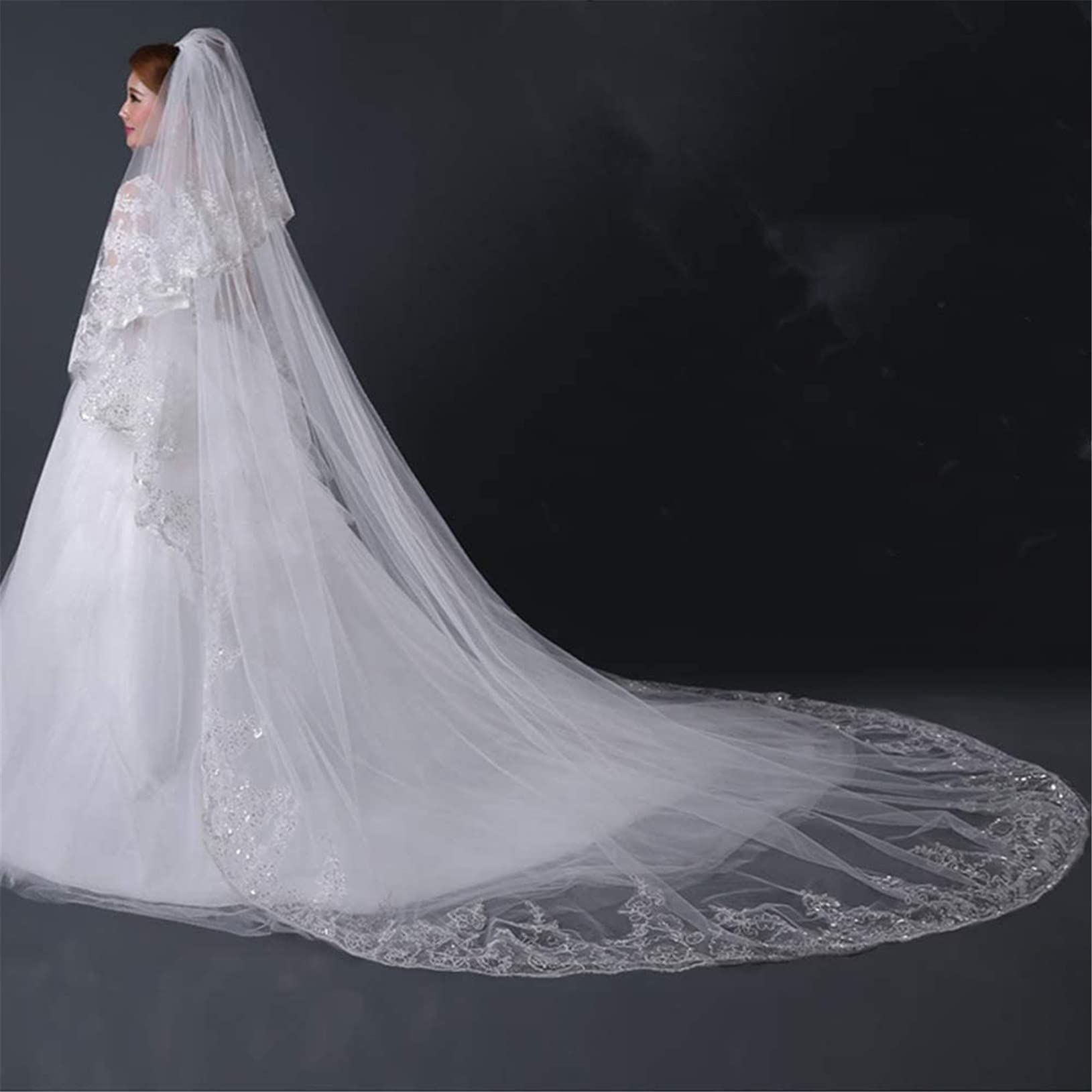 3/4 / 5M Velos De Novia Elegantes con Peine Lentejuelas De Encaje De Tul Suave Borde Velo De Novia De 1 Nivel Encantador Cola Larga Vestido De Novia Catedral Accesorios para Mujeres