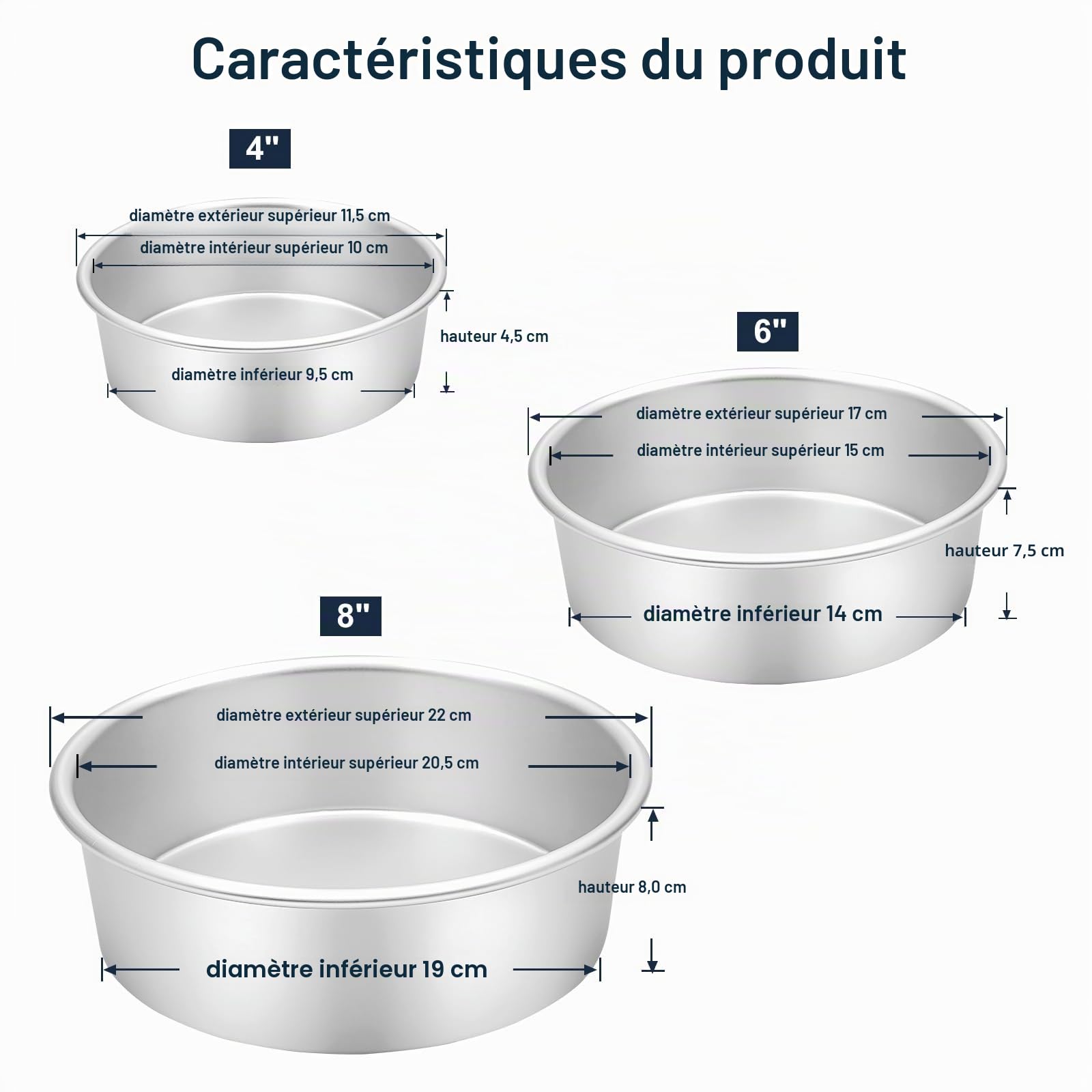 Ensemble de 3 moules à gâteau ronds Ø 10/15/20 cm, moules à pâtisserie professionnelles en aluminium anodisé pour la cuisson, argenté