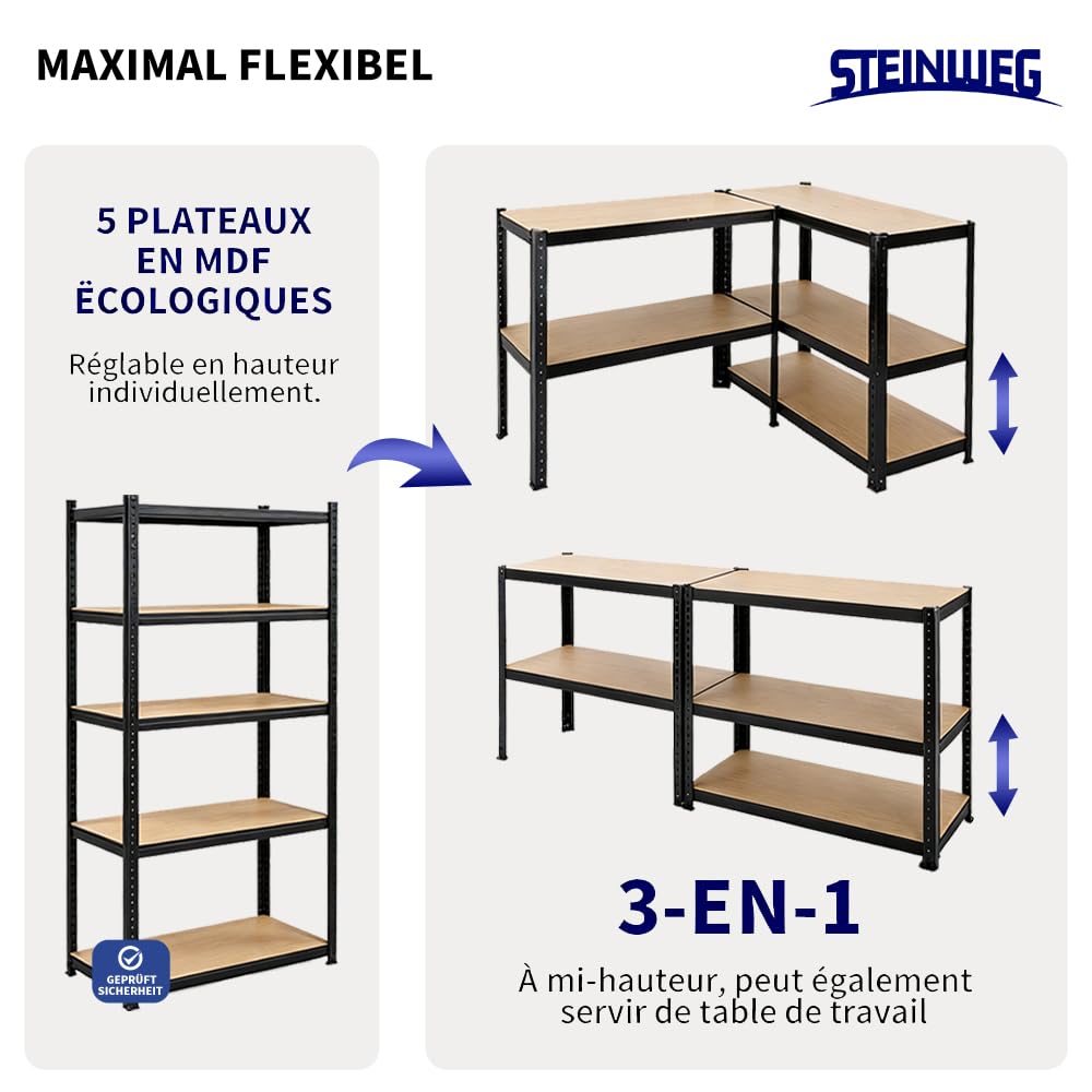 Steinweg Lot de 2 étagères pour charges lourdes - 180 x 90 x 40 cm - Charge maximale : 875 kg - 0,63 mm - 5 panneaux MDF réglables - Étagère de rangement - Pour cave, atelier, noir laqué