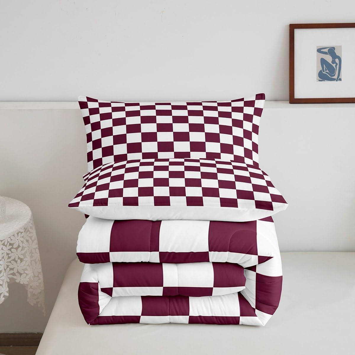 Manfei Dark Red White Plaid Comforter Set,Modern Simple Style Bedding Set for Kids Teens,Geometric Grid Patchwork Quilt Set,Duvet Insert 2 Pcs with 1 Pillowcase,Toddler