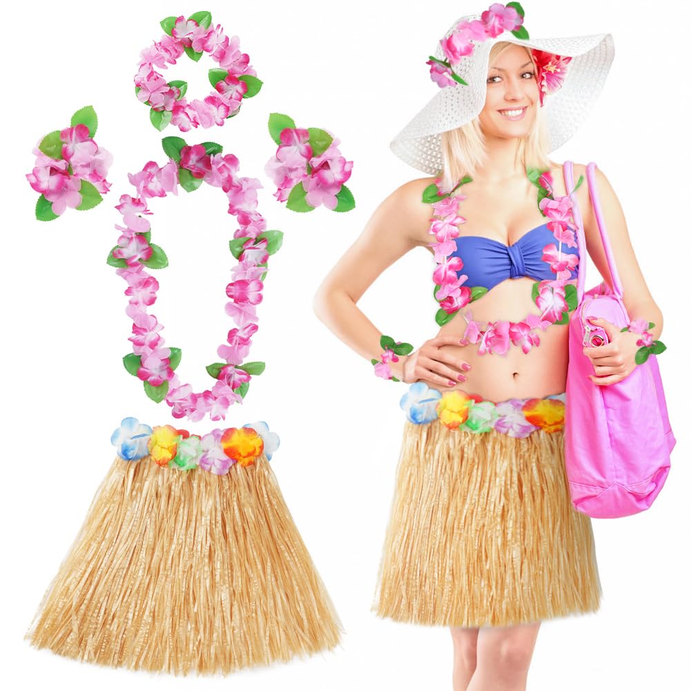 Aomig Jupe Hula à Feuilles, 5 Pièces Jupe Hawaïenne en Herbe avec Collier/Fleurs d'hibiscus Artificielles/Lunettes de Soleil, Jupe Hawaiian en Feuilles de Palmier pour Plage Fête Hawaïenne Luau Tiki