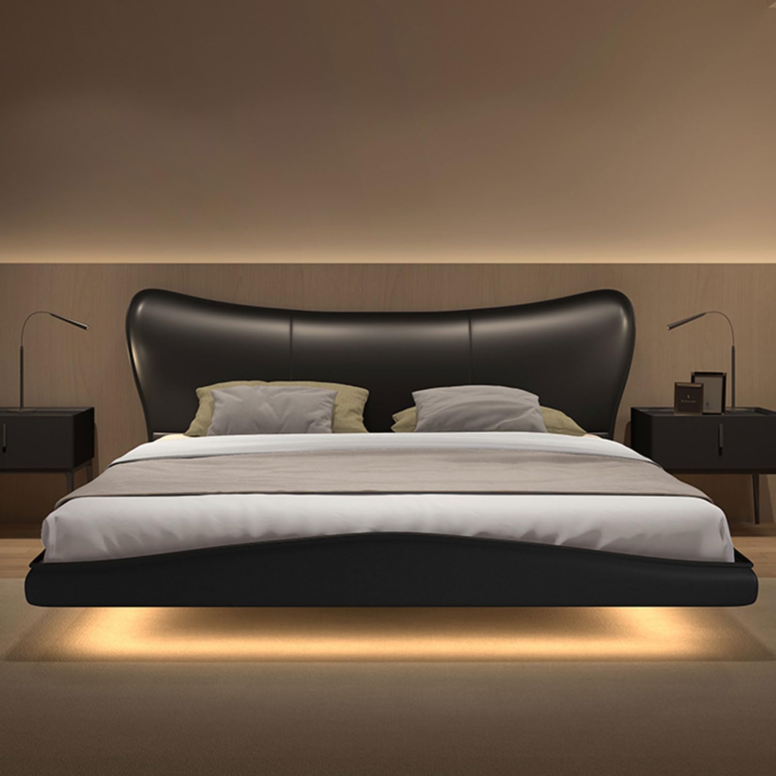 King Size Black Genuine Leather Wood Bed Upholstered Platform Bed Frame with Headboard and Lift Up Storage No