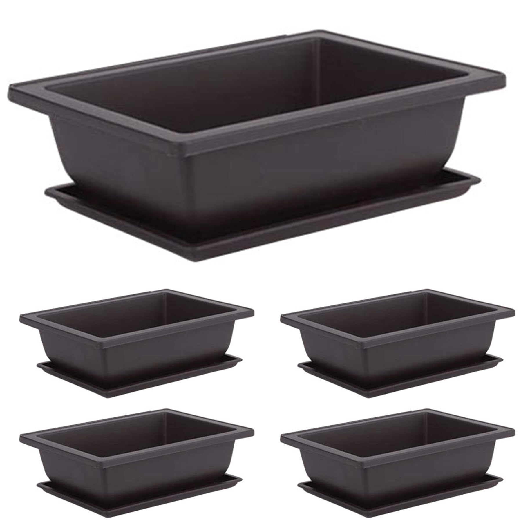 BEAHING Bonsai Pot 5 Sets Square Plastic Plant Pot with Saucer 6.3x4.7x2.3 Inch Tree Pots with Trays Garden Pots for Flower