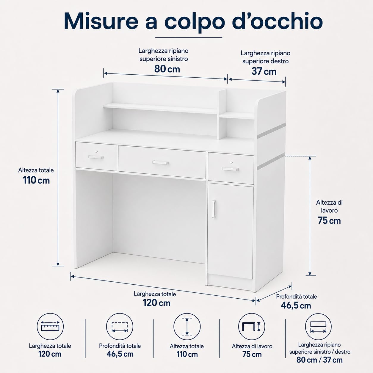 Banco reception, banco reception, tavolo con 3 cassetti e ripiani per sale aziendali, reception alberghiere, negozi di abbigliamento, bianco, 120 cmx 48 cm x 110 cm