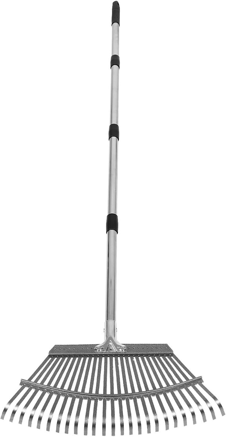 POPETPOP Heavy Duty 25-Tine Stainless Steel Hand Rake with Multi-Section Steel Handle for Gardening, Leaf Gathering and Soil Loosening in Lawn Care and Landscaping