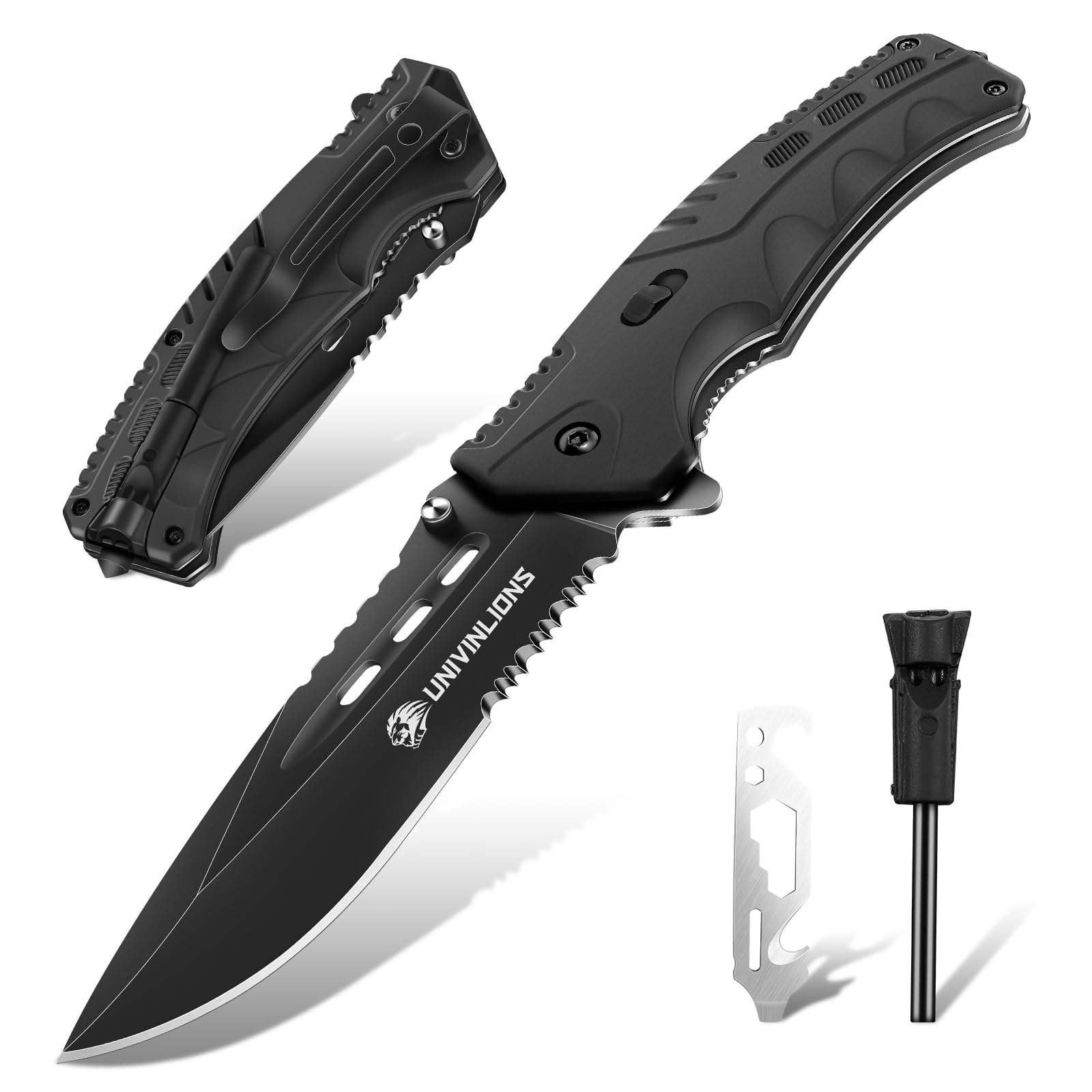 univinlions Taschenmesser Klappmesser Outdoor, 8 in 1 Survival Messer mit Pfeifen, D2 Stahl Rettungsmesser mit Glasbrecher, Scharfes Klappmesser für Camping, Angeln, Trekking