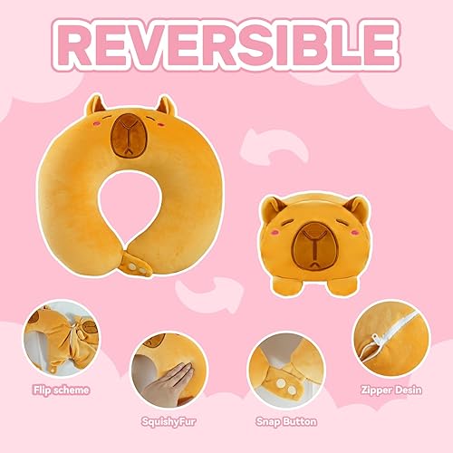 Miniatura 5 de KUUKO Waterbound Capybara - Almohada de cuello para niños, compañero de viaje 2 en 1, almohada suave en forma de U para niñas, bonito diseño de