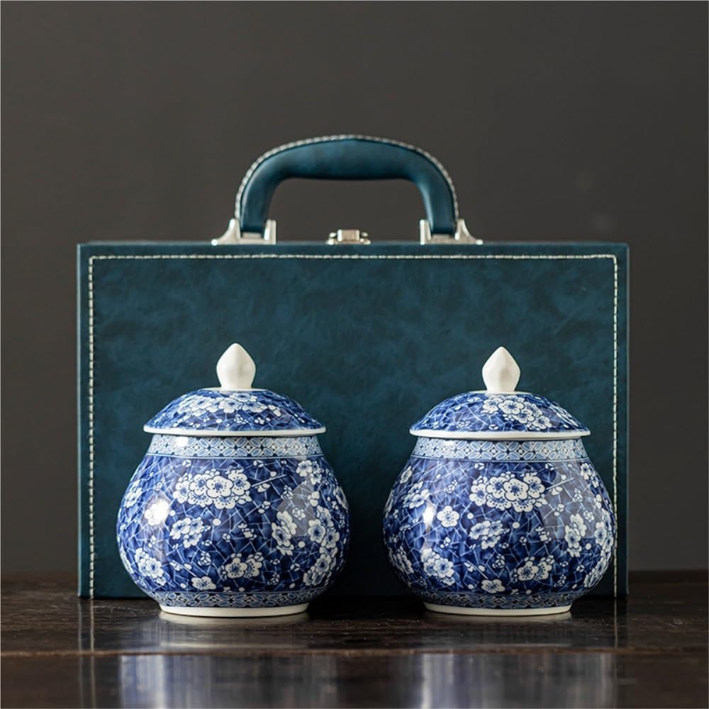 Set Da Tè Contenitore in ceramica for la conservazione del tè sfuso Barattolo sigillato Set da tè retrò blu e bianco Barattolo singolo/bicchiere doppio Set di scatole regalo Barattolo Per Conservare I