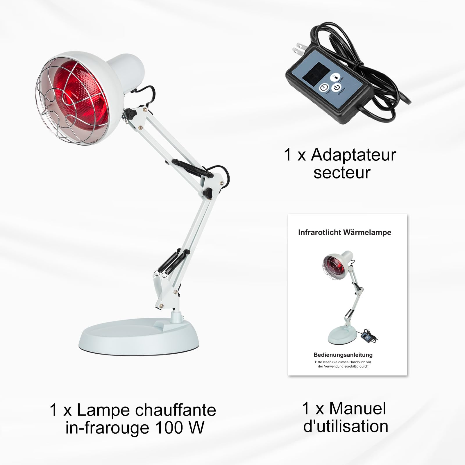 Lampe À Lumière Rouge De 100 W, Lampe Chauffante Portable, 10 Réglages De Température Et Minuterie De 5 À 60 Minutes, Lampe Chauffante À Lumière Rouge À Usage Domestique Avec Minuterie Et Socle