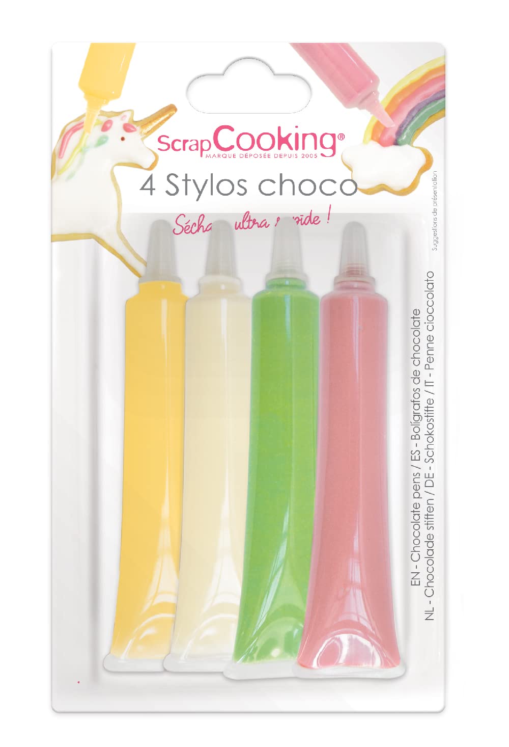 SCRAP COOKING Stylos Goût Choco Rose/​Vert/​Jaune/​Blanc, 4 x 25 g