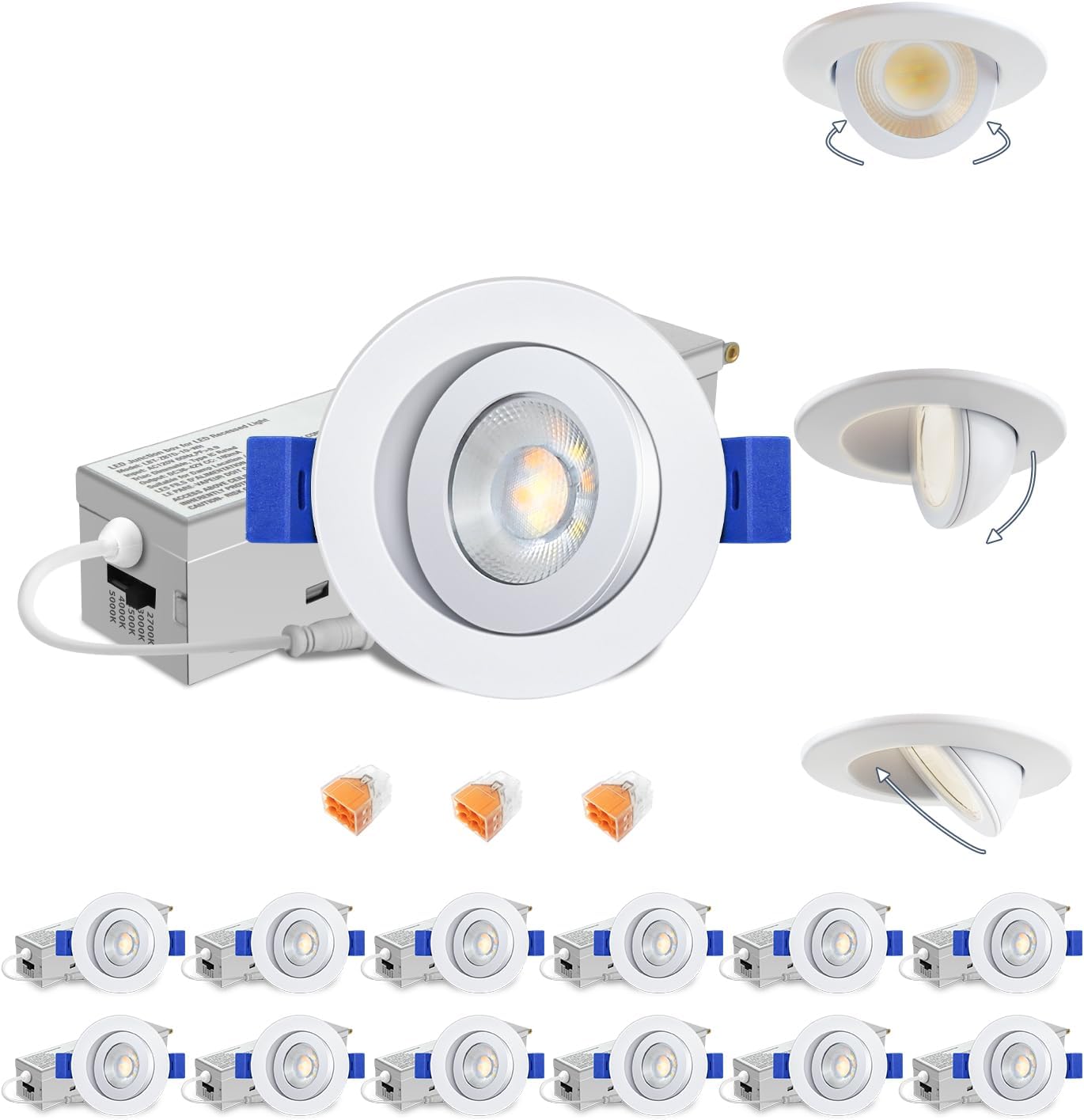 Aosclex 4 Inch 5CCT Gimbal LED Recessed Lighting with Jbox, 360°+90° Adjustable Directional Recessed Lights, 2700K-5000K Selectable, Dimmable Eyeball Canless Lights, 10W 980LM, ETL (White, 6 Pack)