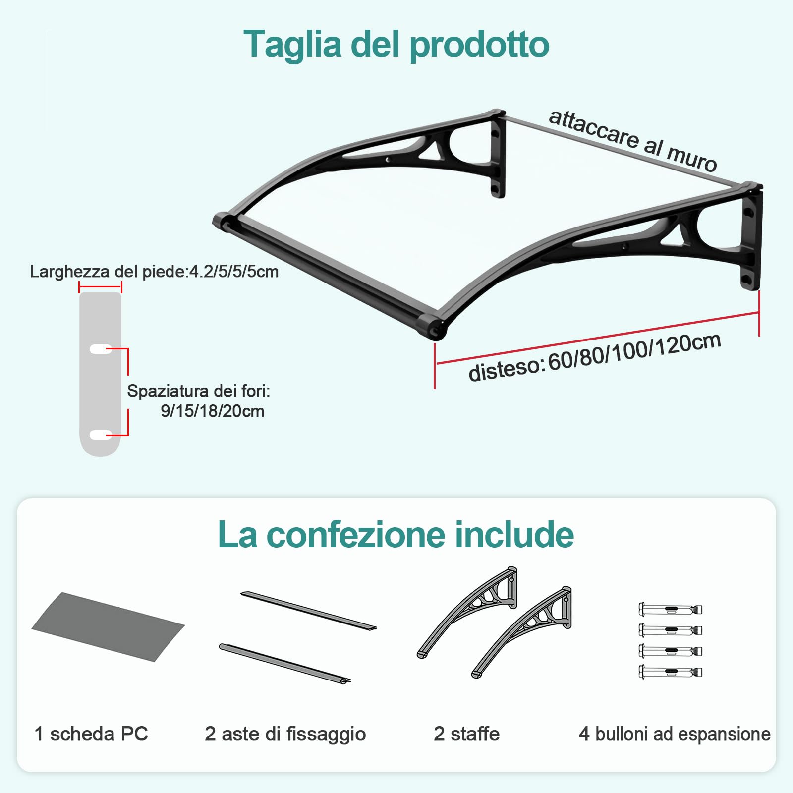 Tettoia per Esterno, Pensilina da Esterno, Pensilina, Staffa in lega di alluminio+Policarbonato, Resistente ai raggi UV/alla pioggia, Tettoia per Esterno/Porte/Balcone/Finestre