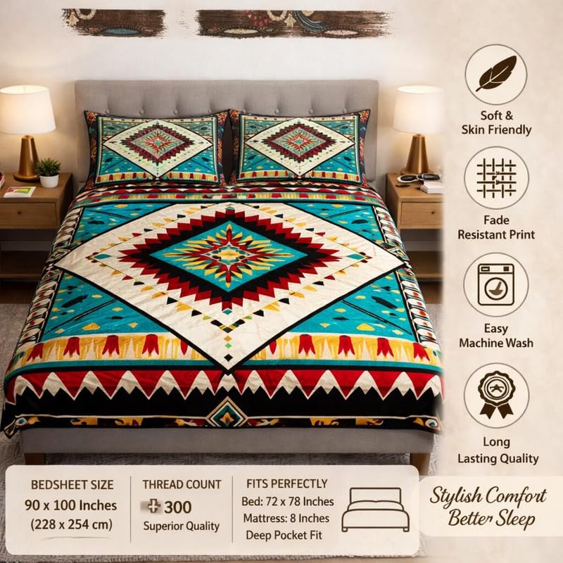 Image of Akshya Double Bedsheet King Size (90x100 Inch) with 2 Pillow Covers | 300 TC Microfiber Soft Bedsheet | Multi Rangoli Traditional Printed Bedsheet for Double Bed