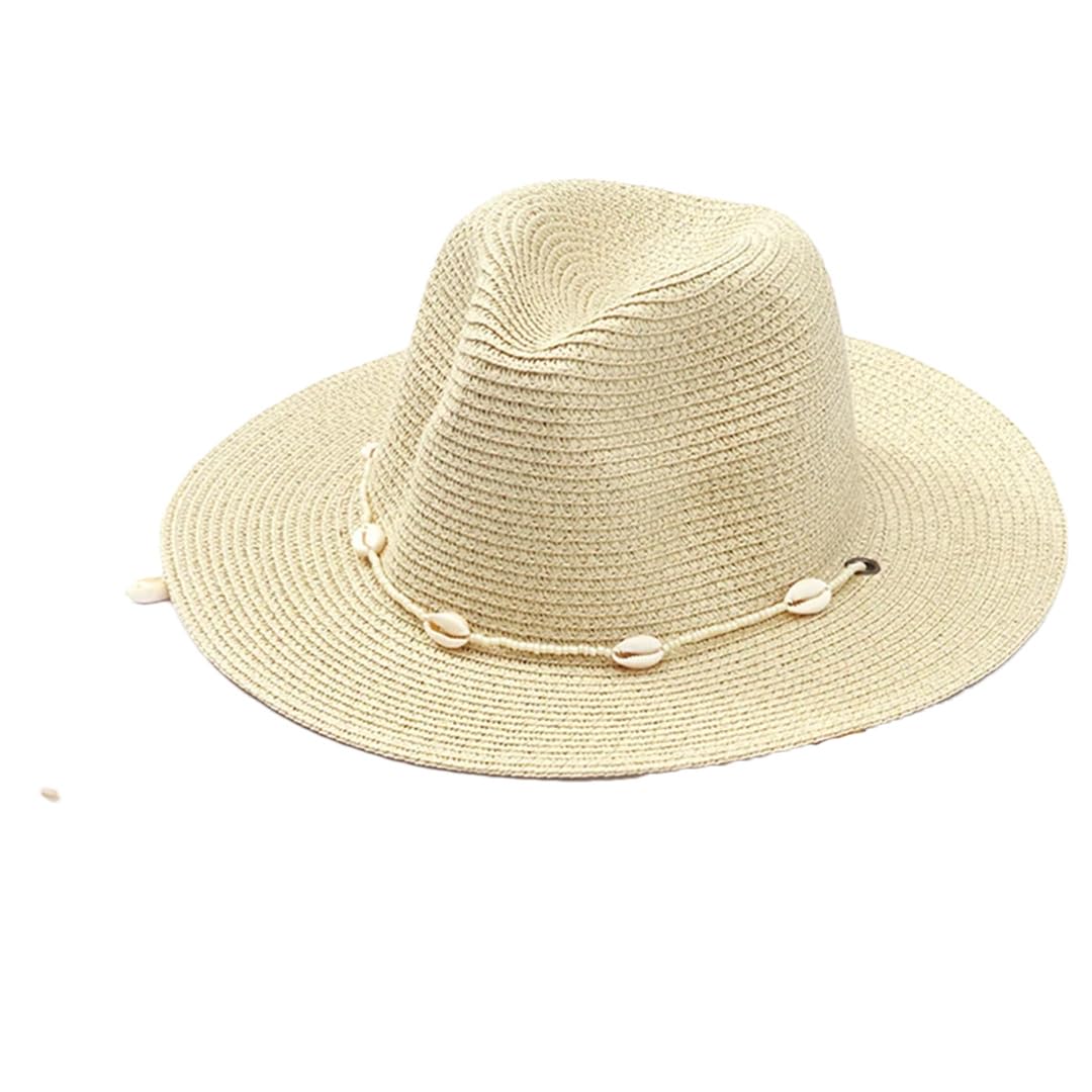 LCUVIMPEX Bucket Hats， Women Paper Straw Fedora Beach Hat Multicolor Beads Seashells Adjustable Chin Strap(Beige)
