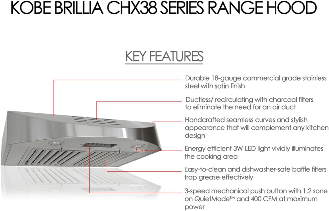 KOBE CHX3830SQBD-3 Brillia 30-inch Ductless Under Cabinet Range Hood, 3-Speed, 400 CFM, LED Lights, Baffle Filters