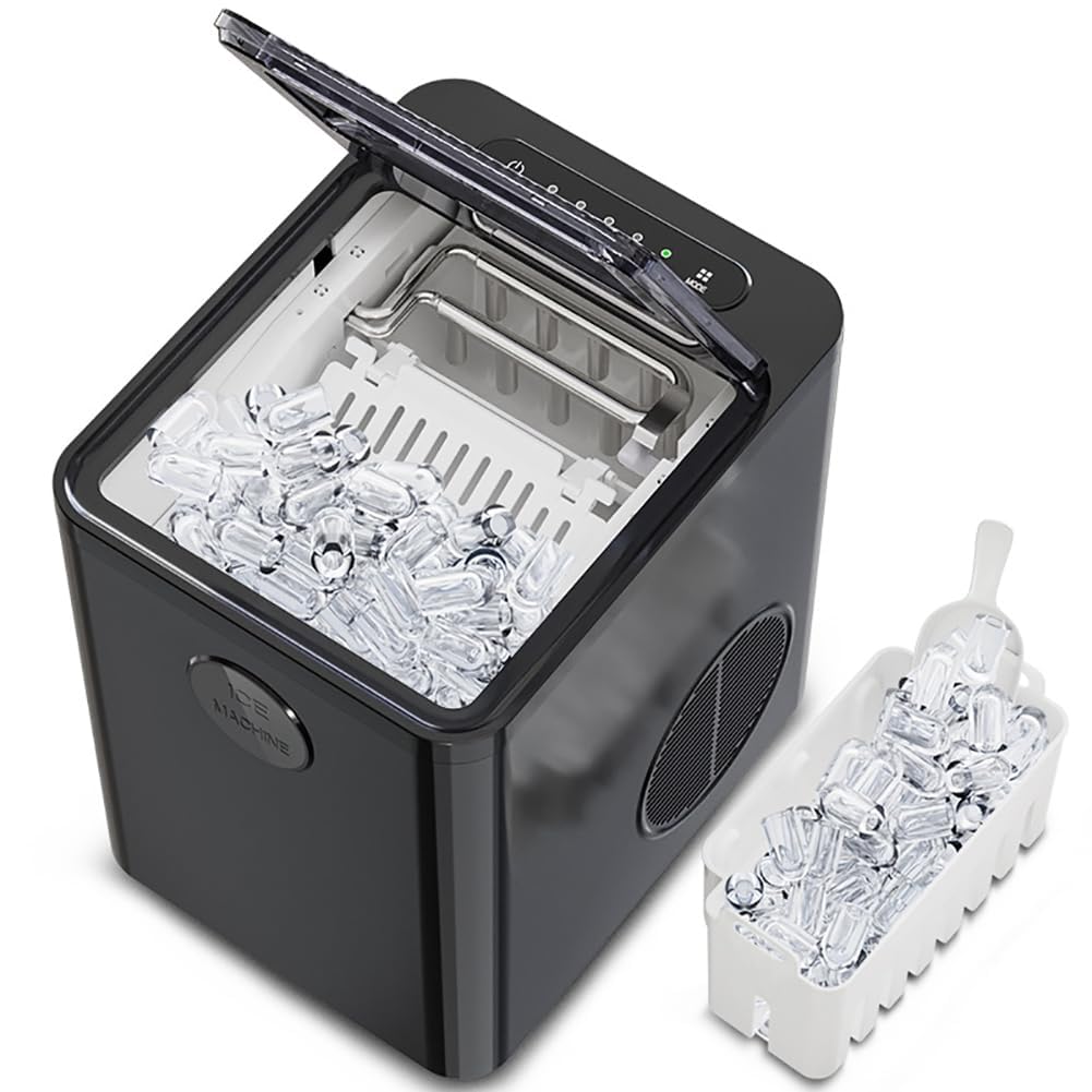 Fabricante de hielo Nugget, máquina de hielo de encimera de 9 pcs/6 minutos con canasta y pala, auto limpieza, cubo de hielo de 2 tamaño, para bar de casa, encimera de cocina, vehículos recreat black