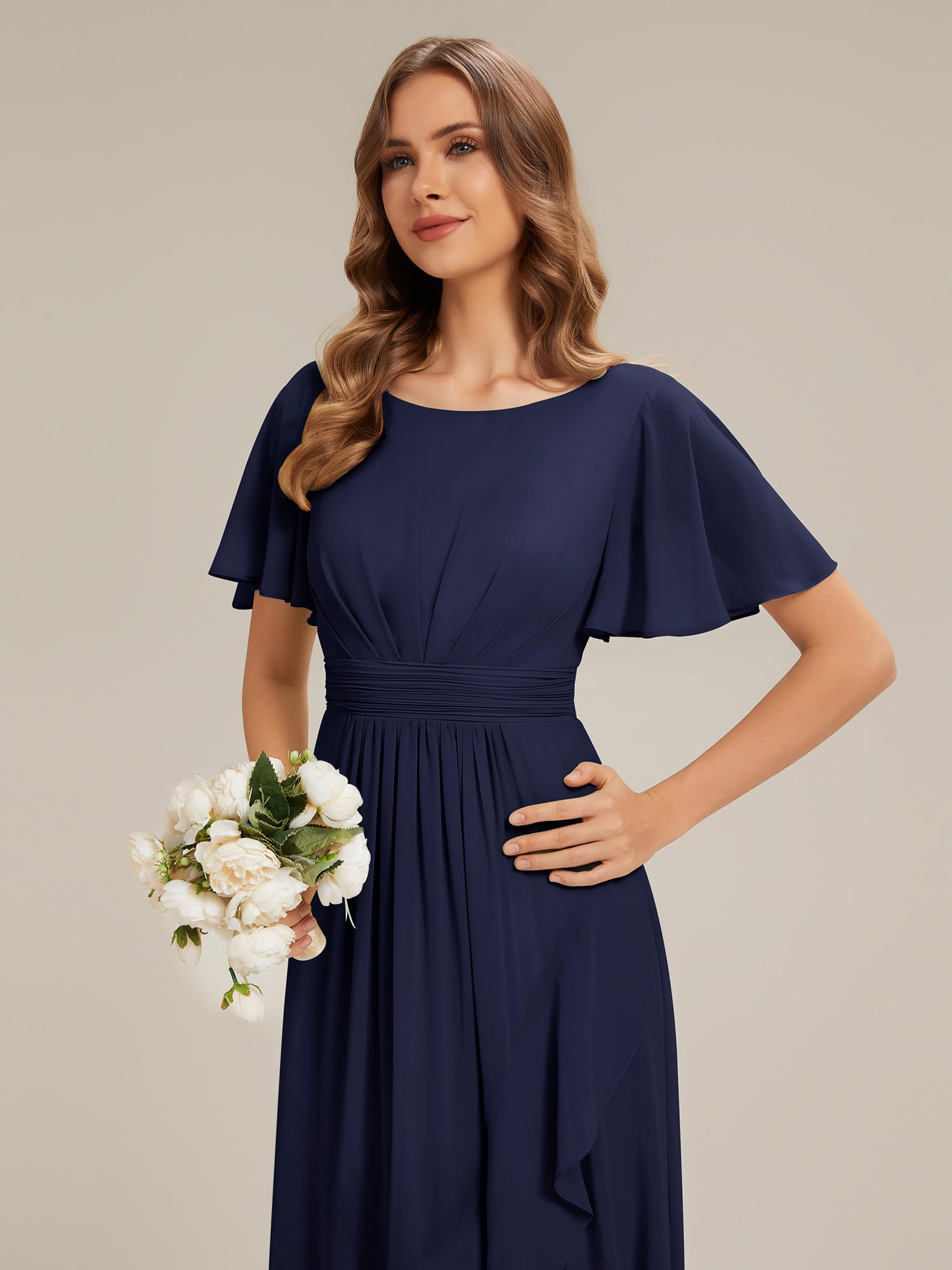 Ever-Pretty Abendkleider Chiffon Lang Brautjungfernkleider High Low Rundhalsausschnitt Rüschen Festliche Kleider ES02708